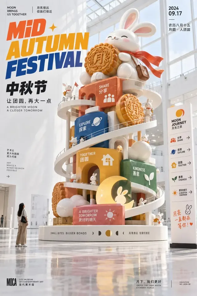 A large, white art gallery features a monumental installation of stacked geometric shapes and a spiral ramp. A giant toy-like figure sits atop the installation, with smaller figures on the ramp. A visitor provides scale. Graphic elements and text are integrated into the composition.