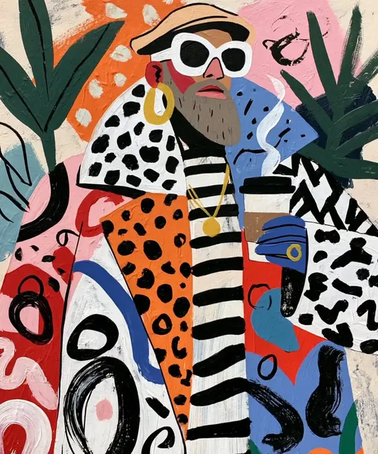 Abstract portrait of a person with bold patterns and colors.