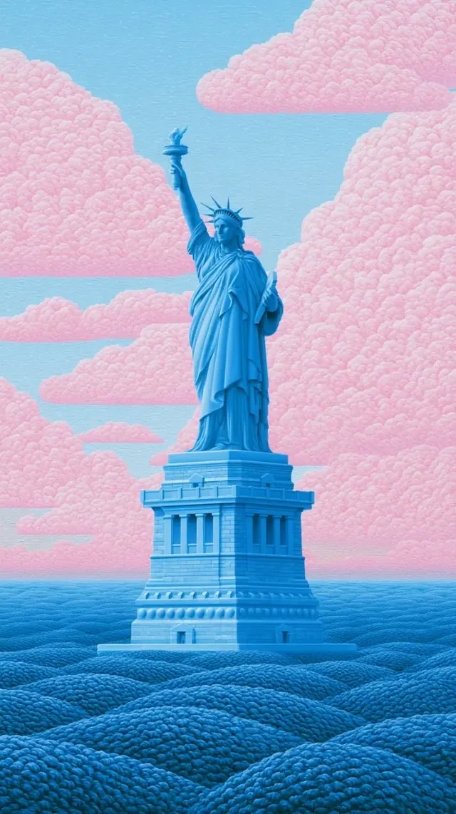 The Statue of Liberty rendered in a vibrant blue, standing tall against a sky filled with fluffy pink clouds and a sea of textured blue waves, in a surreal digital painting style.