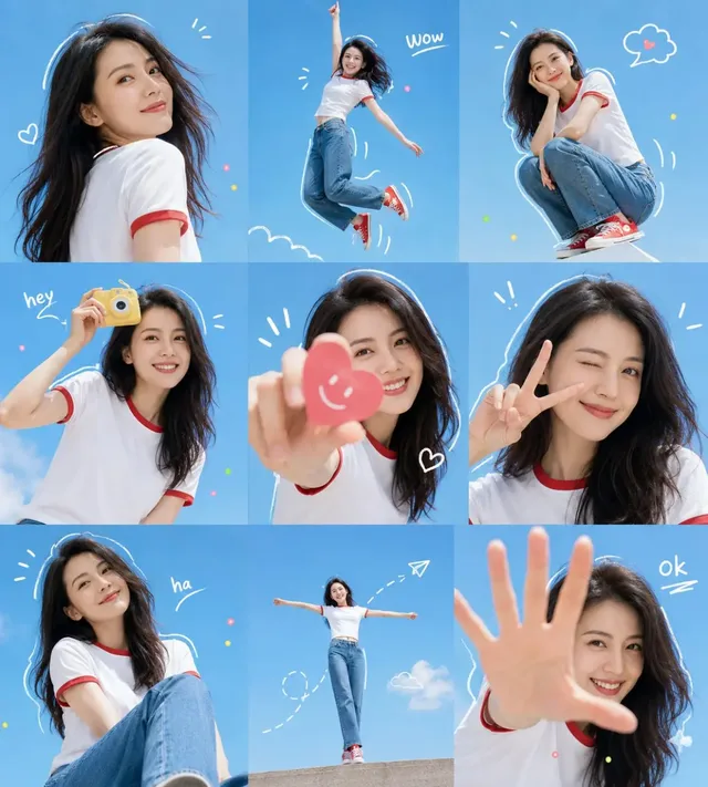Nine-panel grid with a subject performing different actions, featuring varied camera angles, close-ups, and wide shots, overlaid with colorful, hand-drawn doodle elements like lines and text.