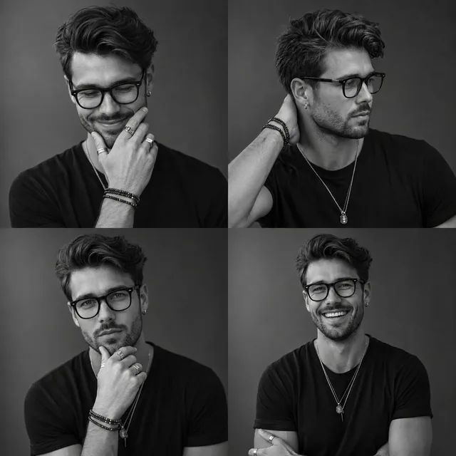 Contact sheet of a rugged, masculine male model in a black t-shirt and silver jewelry, displaying four different expressions and poses.