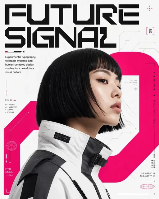 Futuristic editorial poster with a human portrait in profile, wearing sleek clothing, against a white background with bold color shapes and circuit-like line diagrams.
