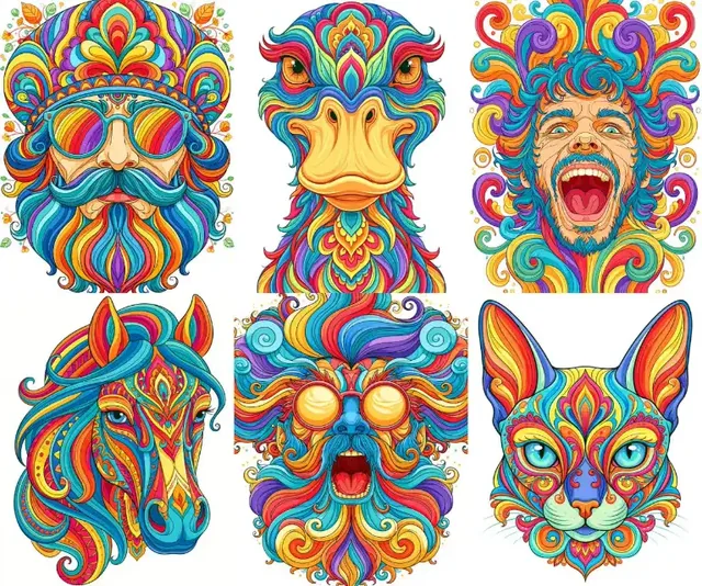 A collection of psychedelic portraits of a man with sunglasses, a duck, a man shouting, a horse, and a cat, all adorned with intricate, colorful mandala patterns.