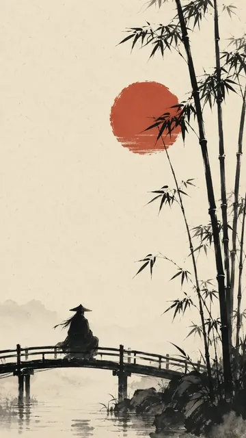 Minimalist ink wash illustration of a traveler in silhouette on a bamboo bridge, with a red sunset behind a bamboo forest.