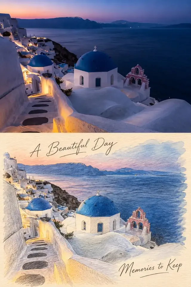 A vertical travel poster with a 50/50 split. The top half is a realistic photo, and the bottom half is a hand-drawn sketch of the same scene, with handwritten text.