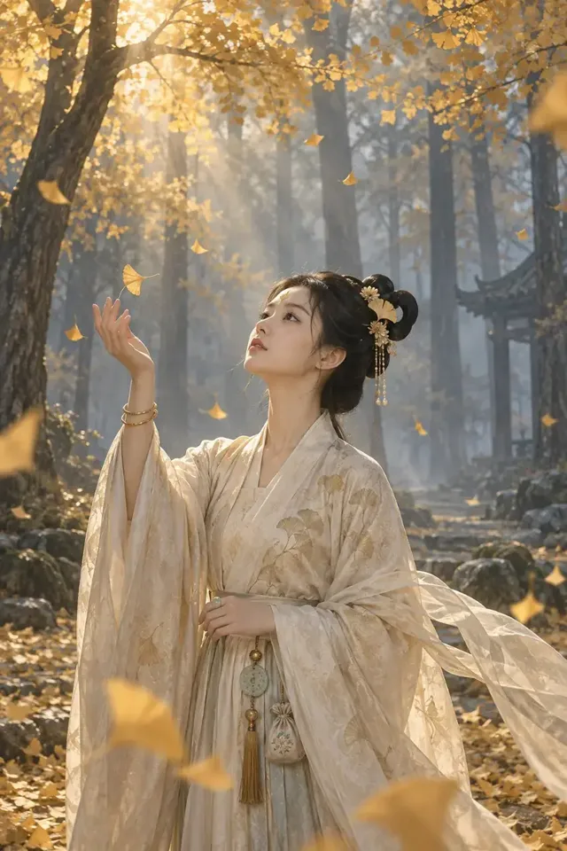 A noblewoman in an ivory Song dynasty robe standing in a golden ginkgo forest with falling leaves and soft Rembrandt lighting.