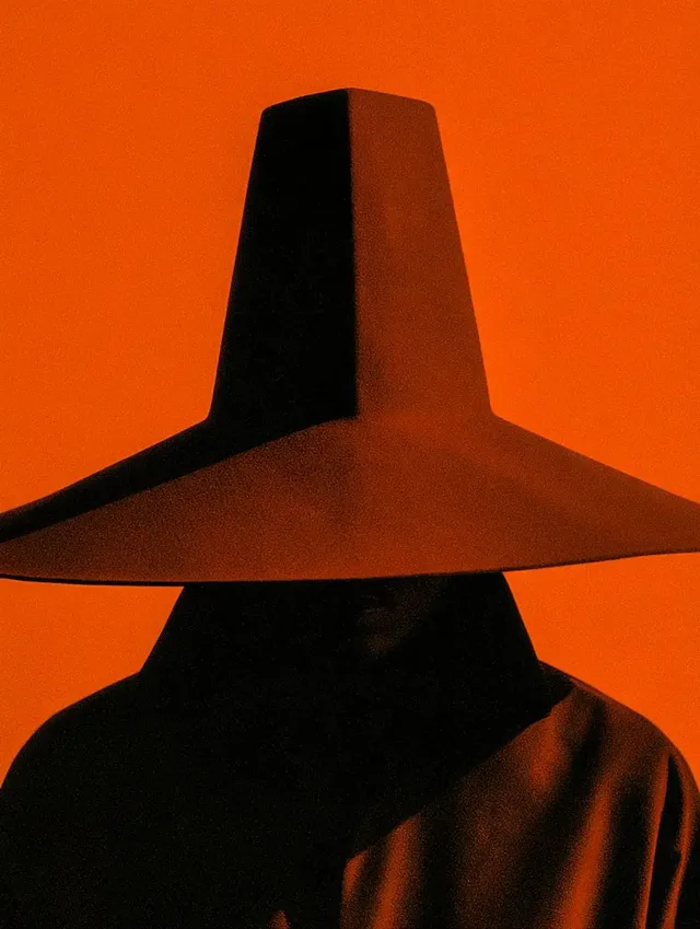 A minimalist photographic portrait of a silhouetted figure wearing a wide-brimmed hat against a vibrant orange textured background.