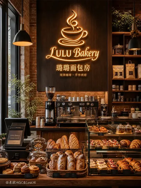Interior view of a premium boutique coffee shop named 'LULU Bakery', with a prominent neon sign on the back wall, warm wood paneling, exposed brick, and a display of artisan breads and pastries.