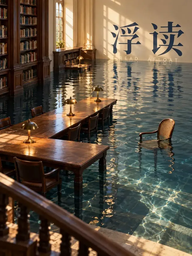 Surreal interior photo of a vintage subway waiting room filled with clear water up to the benches, with a tiny red paper boat drifting on the surface.