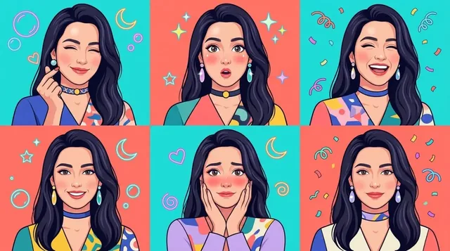 A series of pop-art digital illustrations featuring a person with varied playful expressions, wearing colorful, patterned outfits and striking accessories against a vibrant, graphic background.