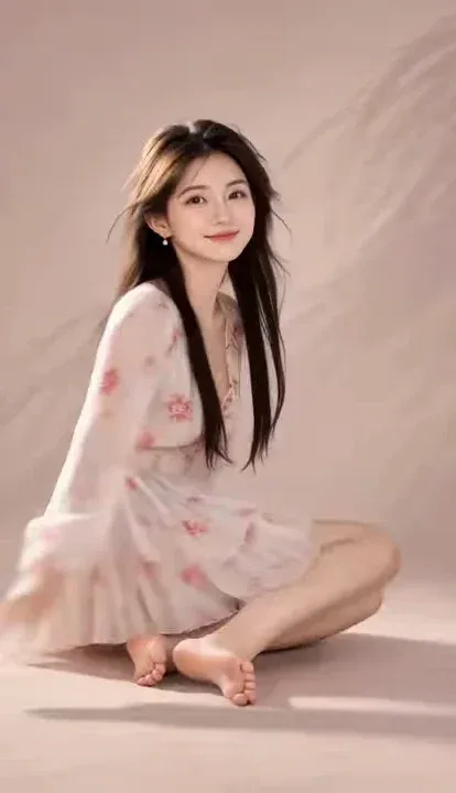 A young fashion model in a pale-pink floral sheer dress performing a continuous sequence of poses in a warm blush seamless studio.