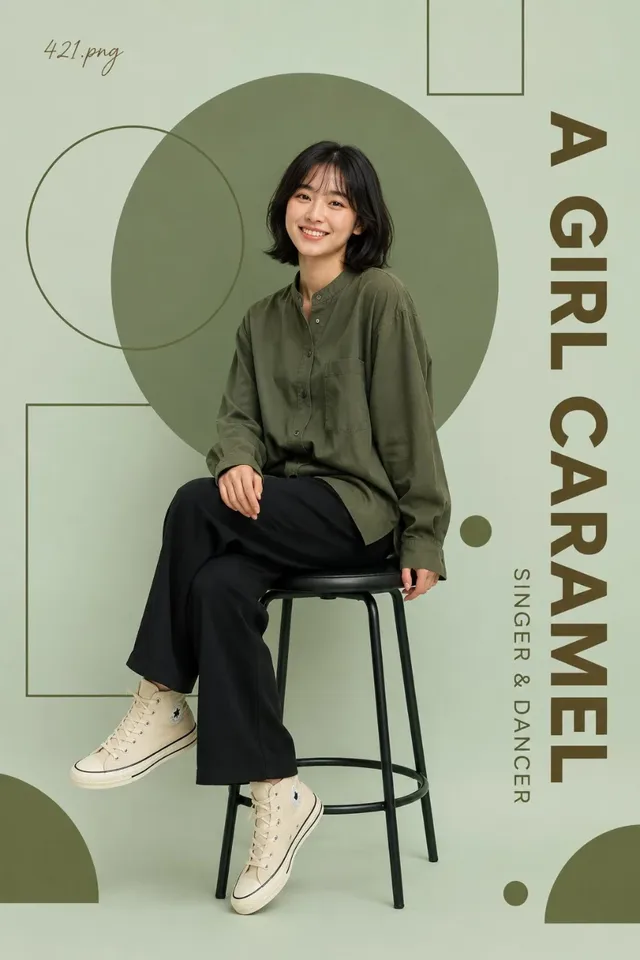 Full body editorial portrait of a smiling young woman with a bob haircut, wearing an olive green shirt and black pants, sitting on a stool against a pastel mint green background with olive green geometric shapes and text.