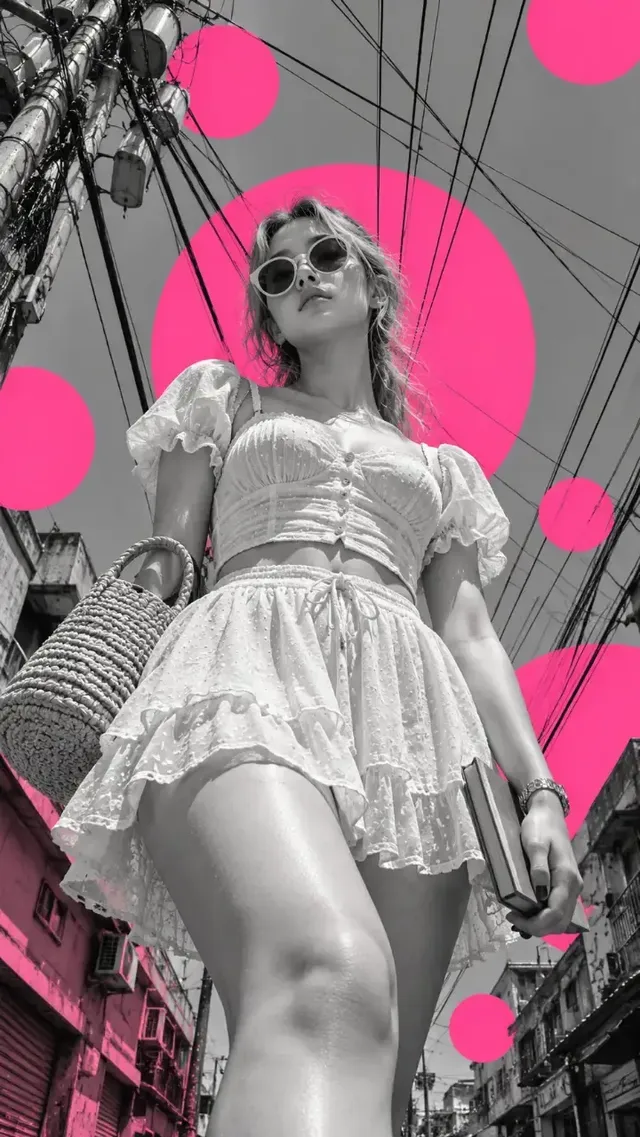 Monochrome street fashion portrait of a young woman from a low angle with hot pink accent circles and power lines.