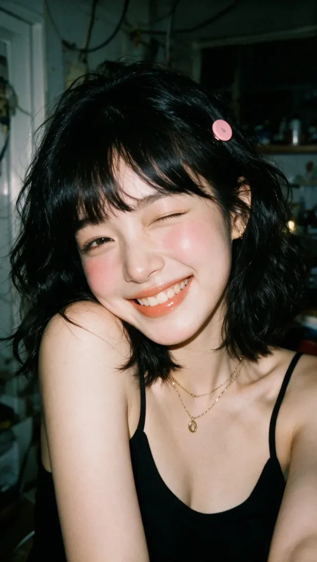 Close-up realistic film photograph of a young East Asian woman winking and smiling, wearing a black camisole and gold necklaces, with messy black hair and a pink hair clip.