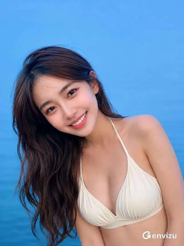 A young East Asian woman with dark wavy hair and a bright smile leans towards the camera against a blue sea backdrop, wearing an ivory halter swimsuit top. Soft blue-hour light illuminates her face.