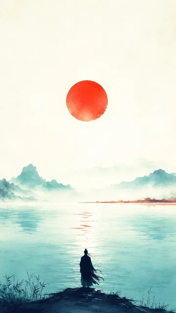 A silhouetted ancient Chinese figure stands by the water, looking towards a large, vibrant red sun rising over a blue landscape with mist.