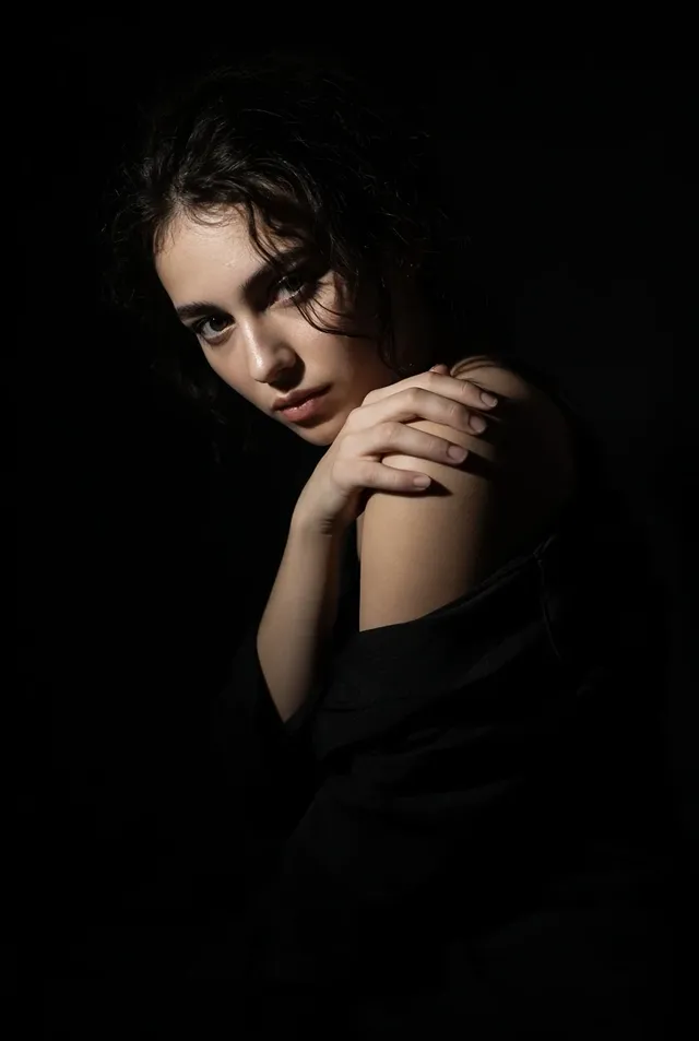 Low-key portrait of a young woman with dark wavy hair against a black background, illuminated by dramatic directional lighting.
