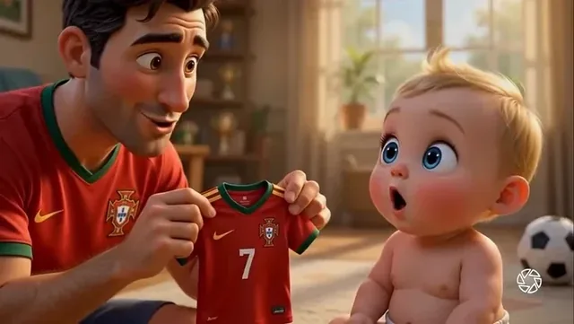 Pixar-style father gently showing a baby a Portugal football jersey, with warm sunlight in a living room.