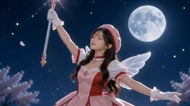 Split screen showing a woman in a pink t-shirt in a living room and then in a magical outfit with a glowing staff, surrounded by a starry night sky and a large moon.