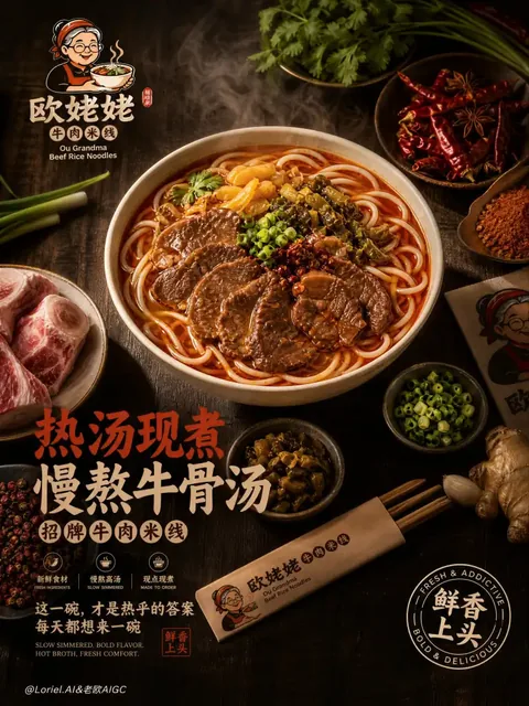 A steaming, overhead shot of a signature bowl of Ou Grandma Beef Rice Noodles, with rich broth, glossy beef, and fresh toppings, surrounded by aromatic ingredients.