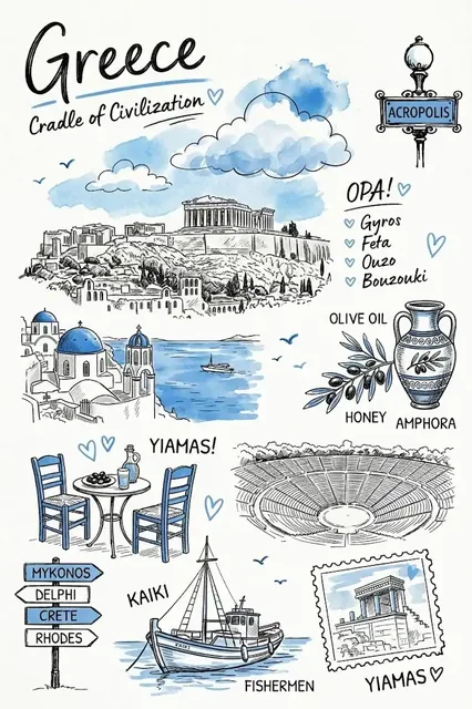 Hand-drawn vintage travel journal illustration of [Country] with black ink sketches and vibrant [Accent Color] watercolor highlights, showcasing landmarks, cultural symbols, and travel ephemera.