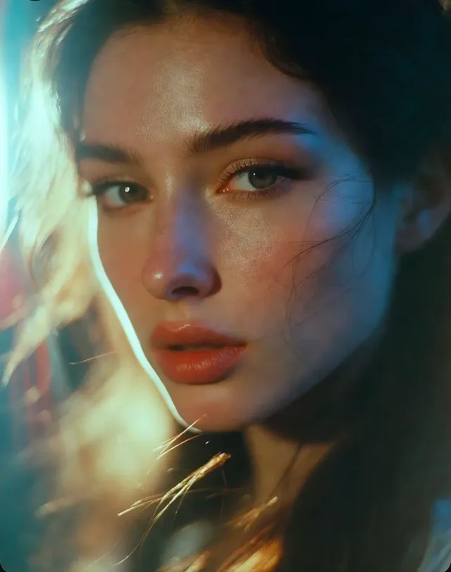 Close-up, cinematic portrait of a young woman with dramatic dual-tone lighting. Golden light illuminates one side of her face, while cool blue light creates a rim light effect on her hair and soft haze.