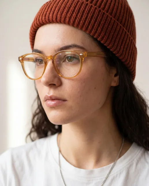 Hyper-realistic close-up portrait of a person from a 3/4 angle, wearing transparent amber glasses, a rust-colored beanie, and a white t-shirt, with soft window light and a creamy b