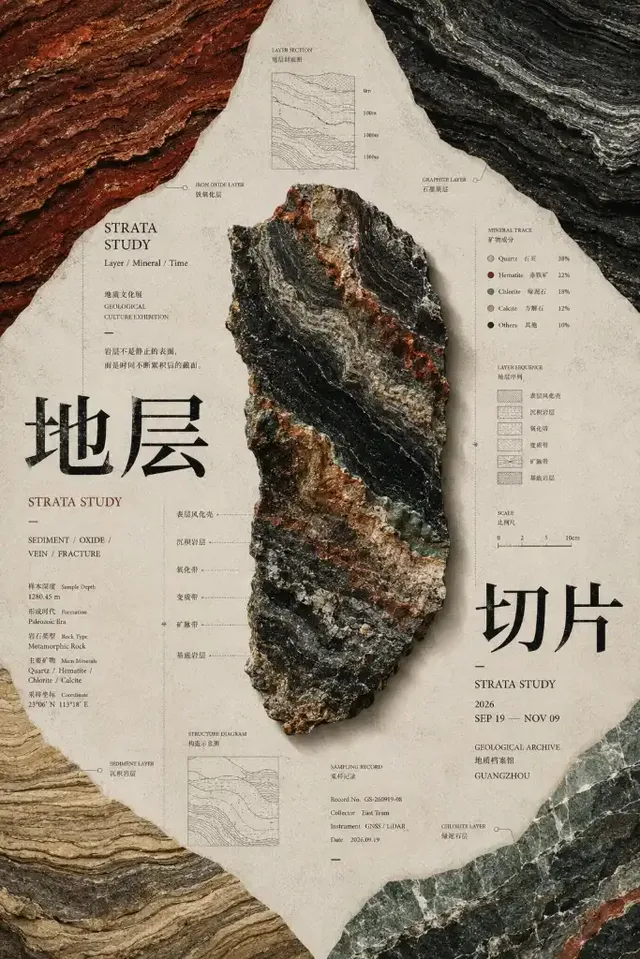 An exhibition poster with a central focus created by abstract geometric shapes and material textures pressing in from the corners.