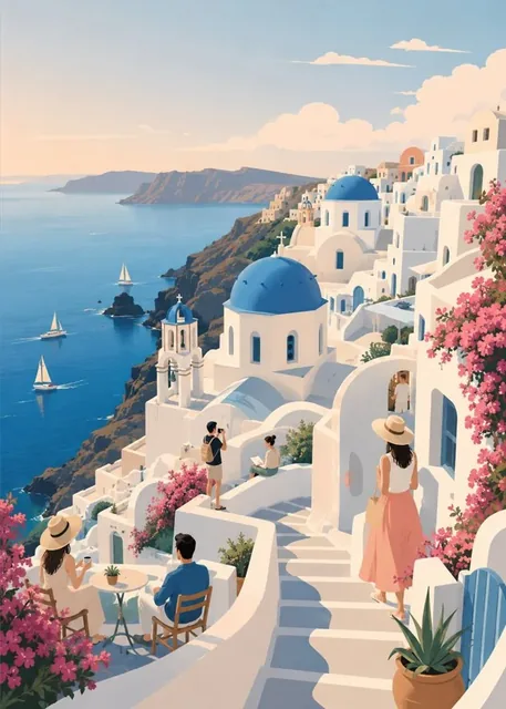 A minimalist flat-vector illustration of Santorini, featuring whitewashed villages on cliffs, azure domes, and the Mediterranean Sea.