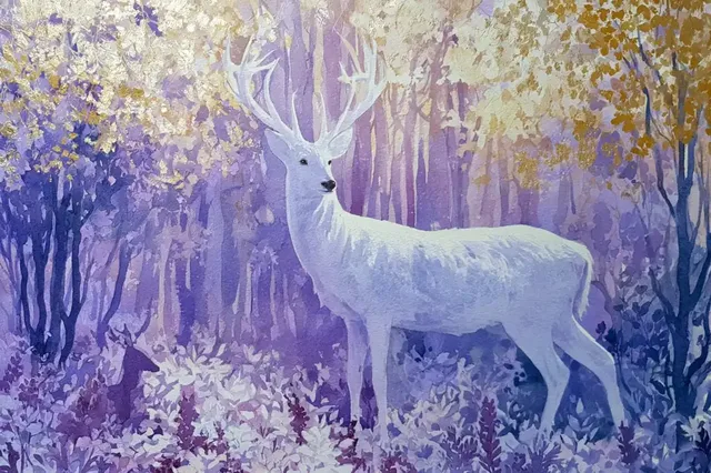 An enchanted watercolor forest filled with lush greenery, magical creatures, and vibrant colors like [COLOR1] and [COLOR2], depicting a mystical woodland.