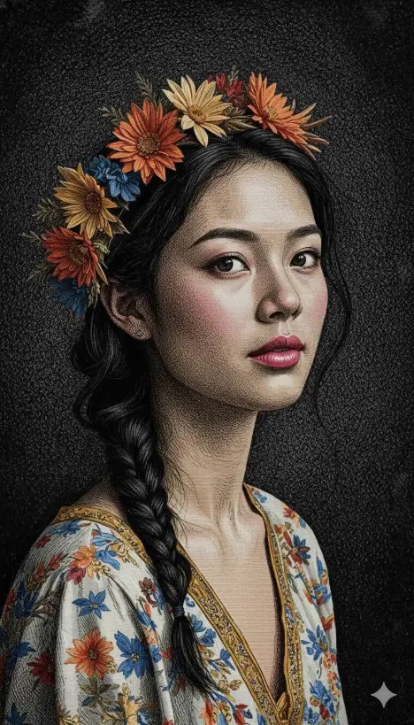 Hyper-detailed engraved illustration of a surreal portrait, featuring intricate cross-hatching, ornate clothing, and dramatic chiaroscuro lighting with muted color accents.