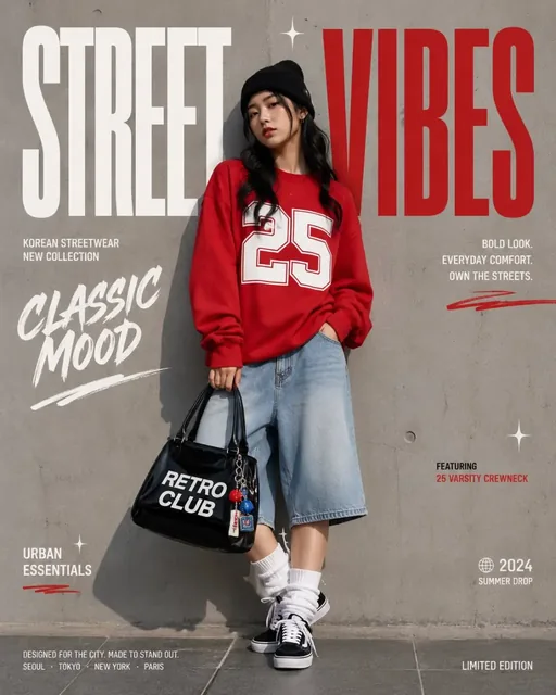 Young Asian woman in red sweatshirt and denim jorts, posing confidently in front of a concrete wall with bold editorial typography.