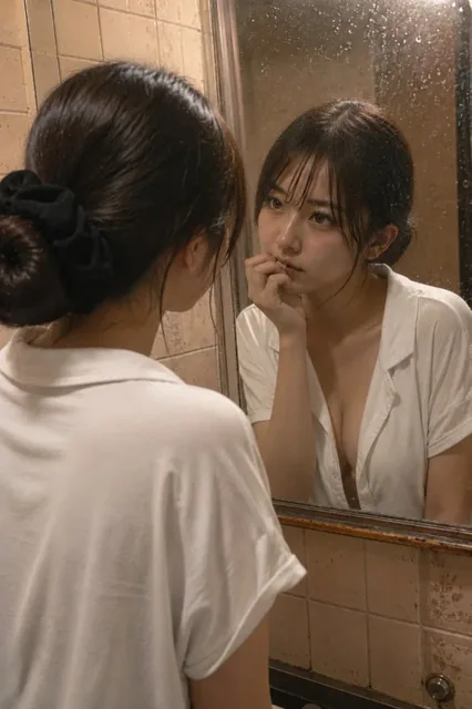 A young Japanese woman with dark hair in a bun, seen from behind and side, looking at her reflection in a slightly dirty bathroom mirror.