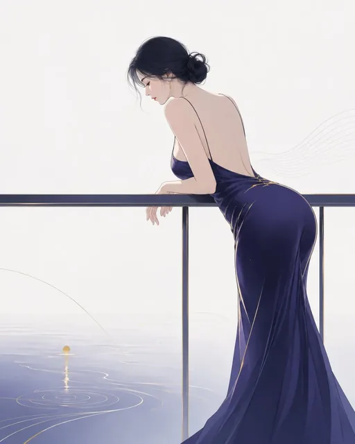 A minimalist illustration of a person in a cool color palette, gently leaning over water, with subtle background elements.