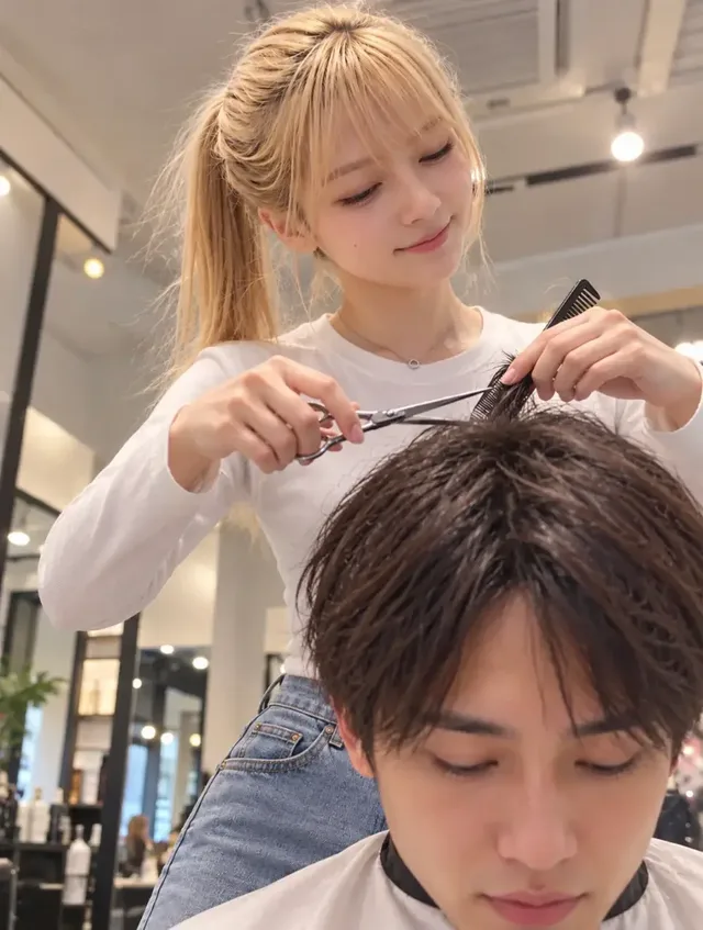 A low-angle front view of a focused hairdresser cutting a male client's hair in a salon.