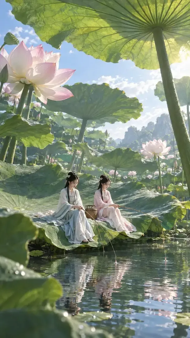 A woman in traditional Hanfu attire sits peacefully on a giant, dew-kissed leaf, surrounded by impossibly large flowers and foliage, with a sense of immense scale and tranquility.