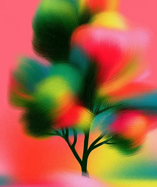 Abstract tree with vibrant, colorful foliage against a pink background.