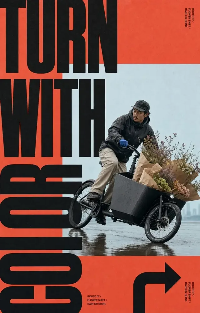 A motion poster with a flower courier on a cargo bike turning, surrounded by large black text and a coral-red border, with a pale blue window.