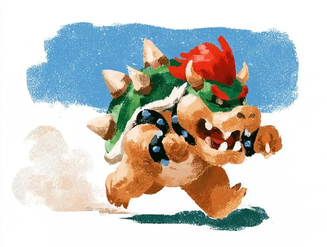 Bowser character running in a textured pastel and chalk illustration style with vibrant colors.