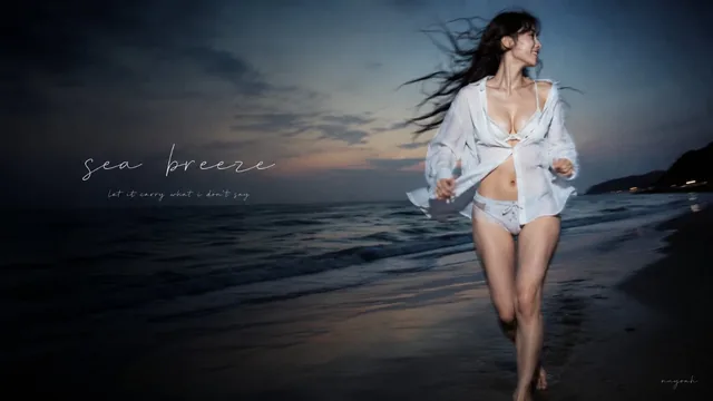 A young woman in a white shirt and shorts runs barefoot on a beach, with handwritten text placed to the left for compositional balance.