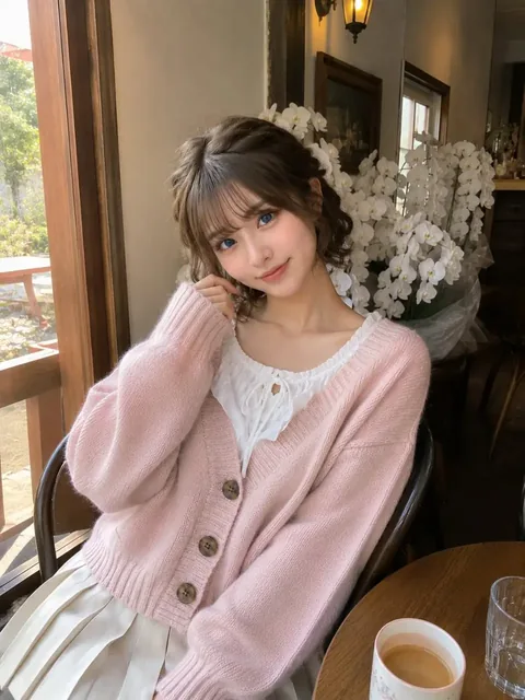 A young woman with ash-brown hair and blue eyes smiling gently in a cafe, making a heart shape with her hands.