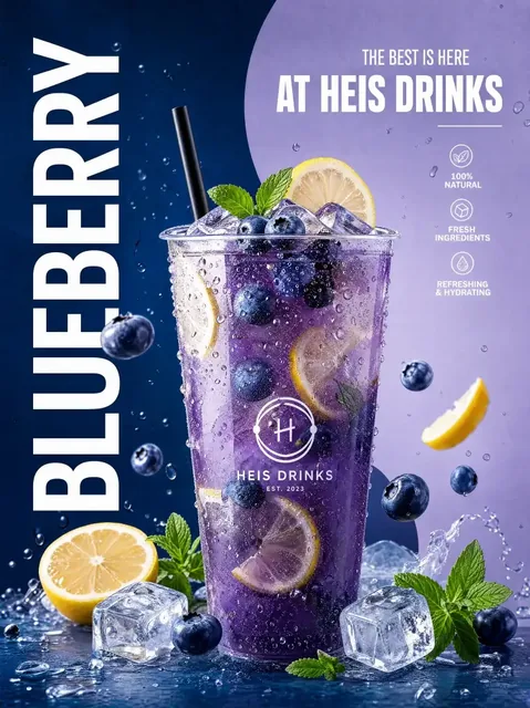 A hyper-realistic beverage advertisement poster for blueberry lemonade. A transparent cup filled with blueberry lemonade, ice, blueberries, and lemon slices, with condensation droplets. The background is a split navy blue and lavender design with geometric shapes. Bold white text 'BLUEBERRY' is on the left.