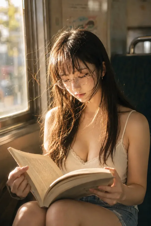 A young woman with dark hair and glasses, wearing a camisole and denim shorts, sits by a train window reading a large book, illuminated by warm, soft sunlight.