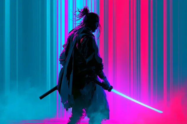 Cyberpunk neon silhouette with pulsating lights.
