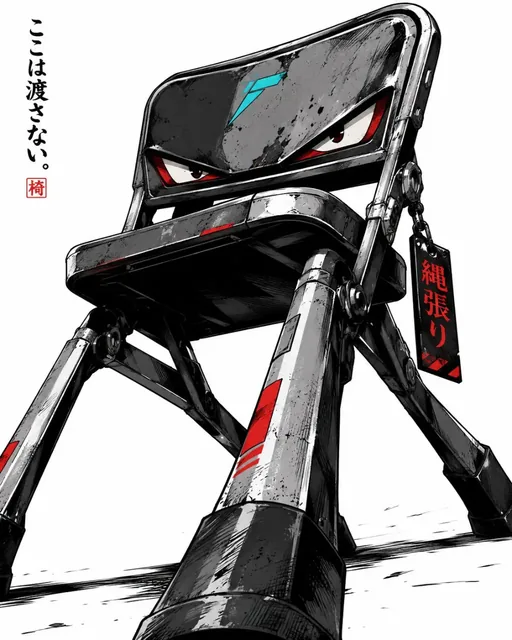 A character rendered in a bold, graphic feral manga style with sharp lines, flat colors, and an intense, confrontational gaze.