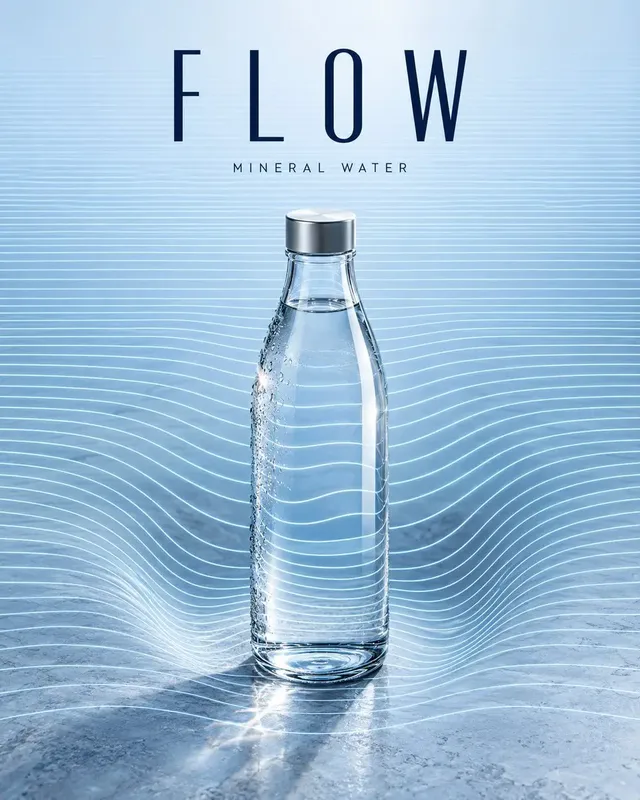 A vertical minimalist advertisement poster of a transparent glass mineral water bottle on a grey-blue surface, featuring ice-blue topographic contour lines creating a refraction valley effect.