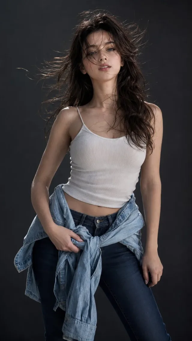 Ultra-realistic IMAX-level Netflix-style cinematic studio fashion portrait of a young woman with windswept honey-blonde hair, wearing a white camisole and dark jeans with a denim jacket tied around her waist.