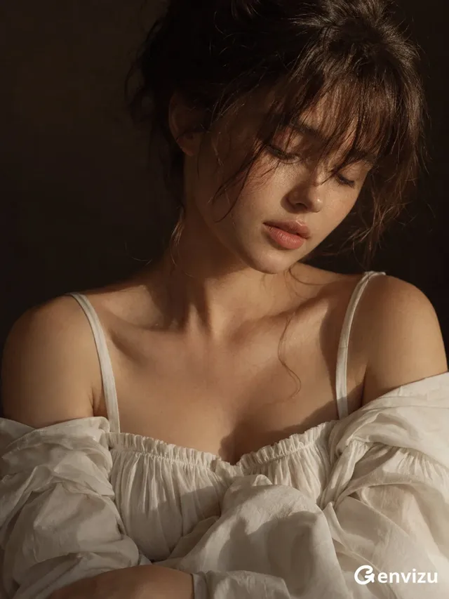 Close-up fine-art portrait of a woman with her eyes closed and head tilted, soft light illuminating her face and ruffled ivory blouse, against a dark background.