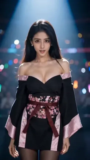 An idol with long black hair, wearing a black off-shoulder dress and pink waist sash, performs on a neon-lit stage with vibrant lighting and a bokeh crowd effect.