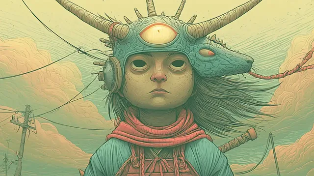 Surreal creature illustration with dusty pastel colors and large, sad eyes, in a style reminiscent of arthouse animation.